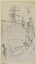 Figury przy fontannie, 1858 (ołówek na złamanej bieli papierze)